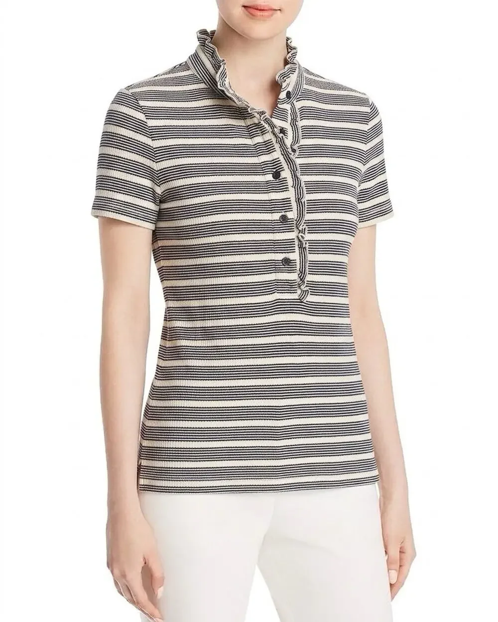 Tory Burch Lidia Ruffle Trim Navy Cream Polo Shirt M Designer Luxury Preppy